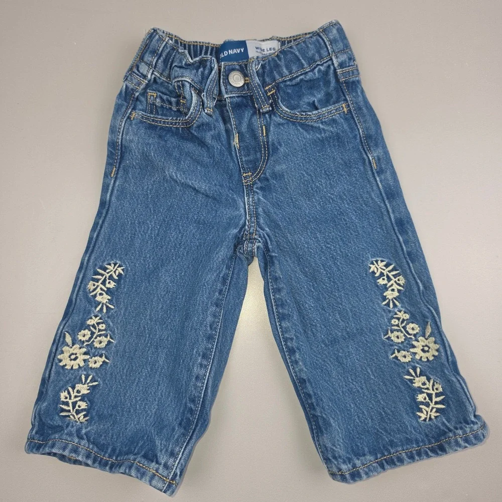 Old Navy Jeans Kids 12-18M Blue EUC Floral Embroidered Wide Leg Adjustable Waist